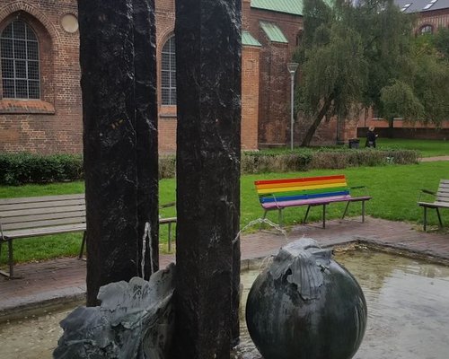 Rainbow Bench in front of church Aarhus, Denmark