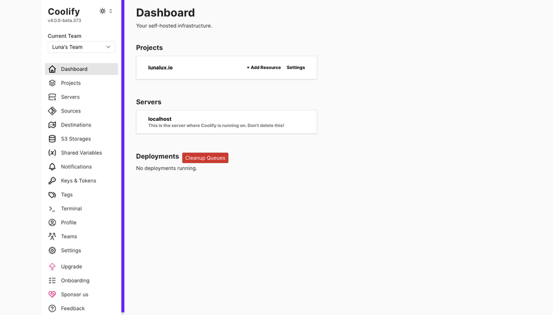 Coolify dashboard